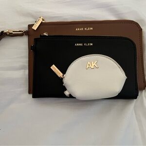 Anne Klein Black, Brown & White 3-Piece Pouch Set with Gold Accents